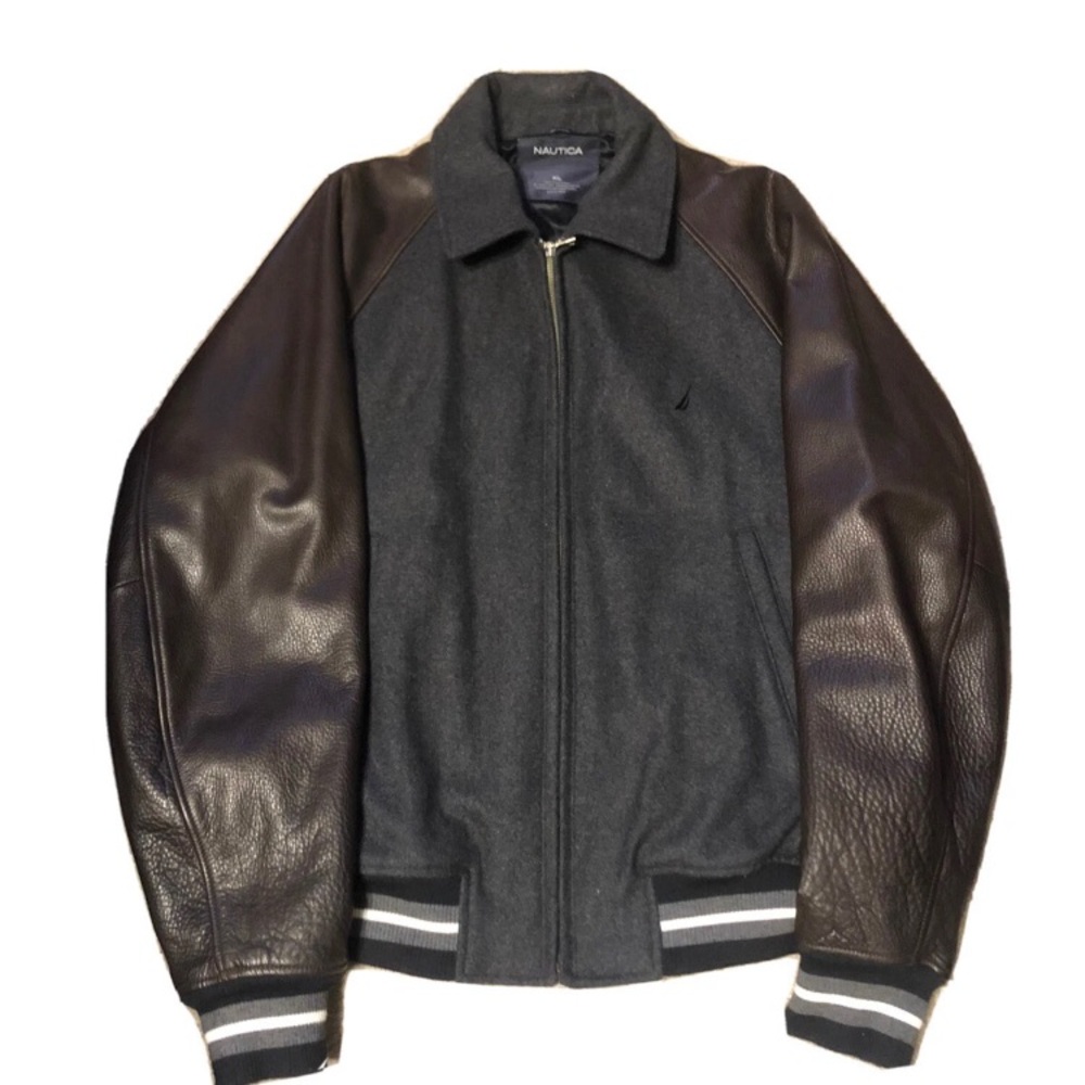Nautica Black and Brown Varsity Jacket with Leather Accents